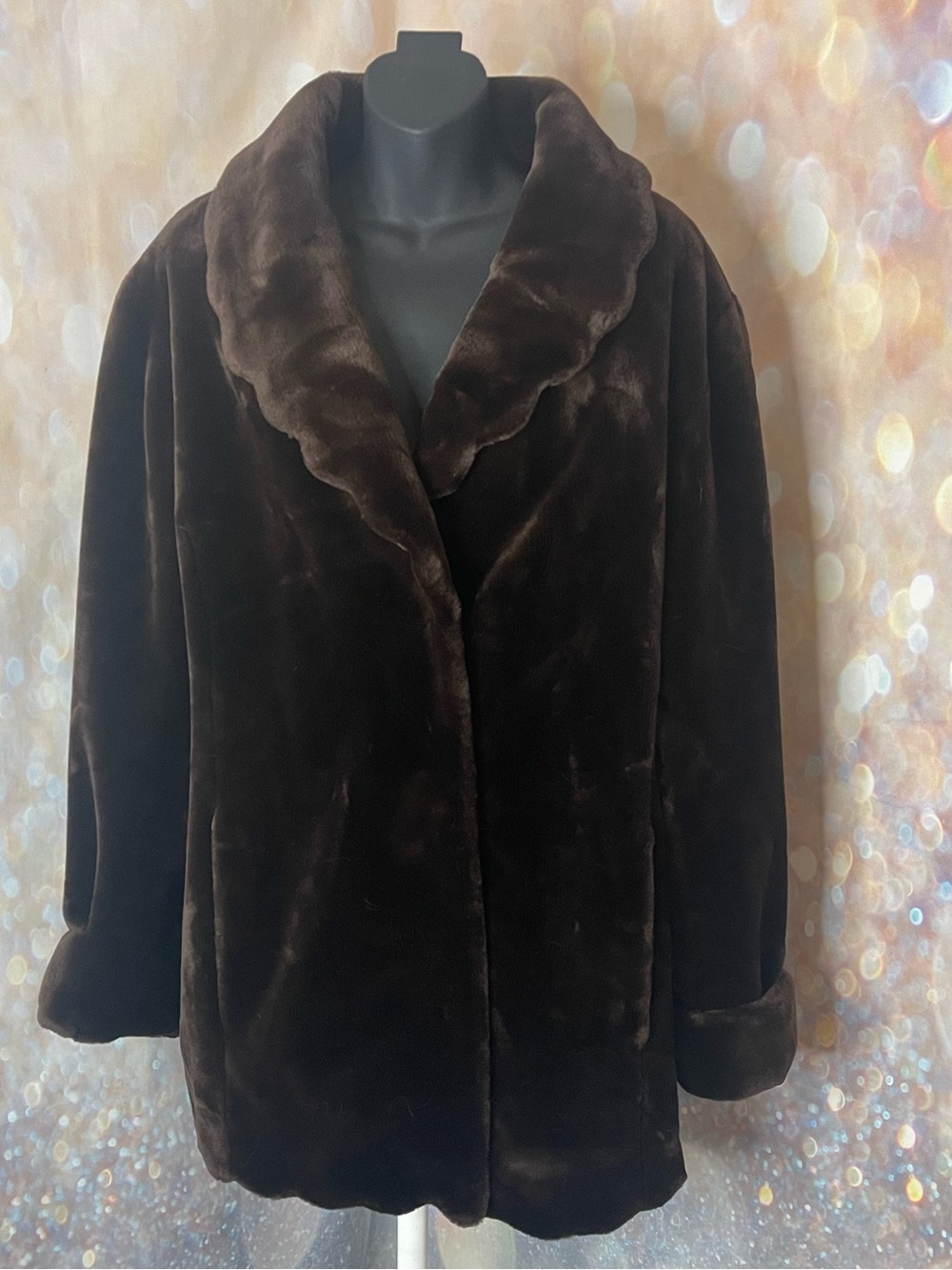 Dennis Basso Faux Fur Dark Brown Scallop Edge Coat Shawl Collar - 1X